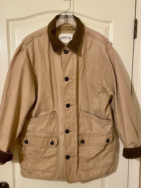 Vintage ORVIS Canvas Chore Barn Coat Field Jacket Corduroy Cuffs Tan Brown Sz L - Picture 1 of 12